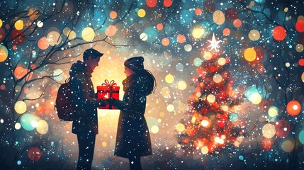 Fototapeta premium Joyful Christmas Celebration A Couple Exchanging Gifts Amidst a Festive Winter Wonderland Creating Happiness and Spirit of Giving
