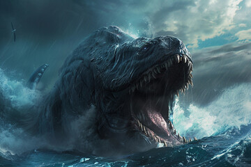 Obraz premium Terrifying scary sea monster in dark depths of deep ocean