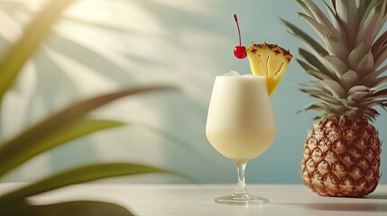 Creamy piña colada garnished with a cherry and pineapple wedge. The perfect tropical cocktail for a sunny day.