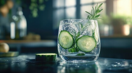 Refreshing cucumber and rosemary drink in a glass. Perfect for a summer day!