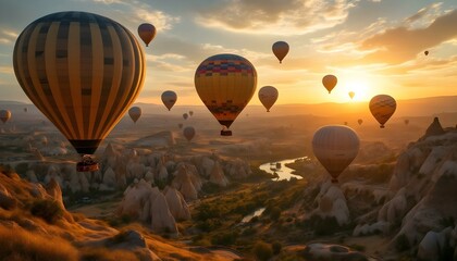 Obraz premium Hot air balloons hovering in the sky on sunrise in Cappadocia, Turkey