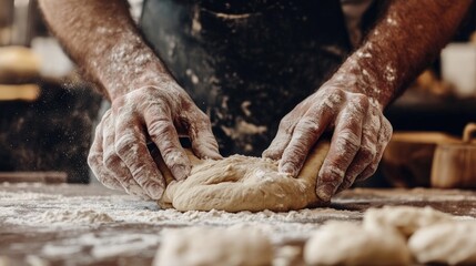 A baker's hands knead dough, flour dusting the air.  The warm tones and rustic setting create a scene of traditional baking.