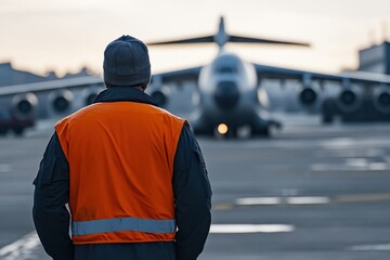 Worker observes airplane preparing for departure on a busy runway during early morning hours
