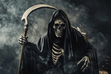 Scary grim reaper with sharp scythe in hell with dramatic background