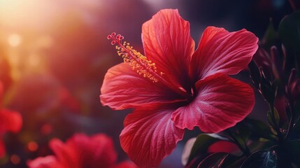 A vibrant red hibiscus flower in full bloom, bathed in the warm glow of the setting sun. Its intricate details and rich color stand out against a soft, blurred background.