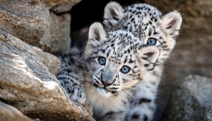 Obraz premium Two snow leopard cubs peek out from rocky terrain, their bright blue eyes full of curiosity and wonder, perfectly blending into their cold mountainous habitat