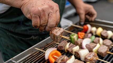 Grilled Beef Kebabs with colorful vegetables in Vibrant summer barbecue on a sunny day