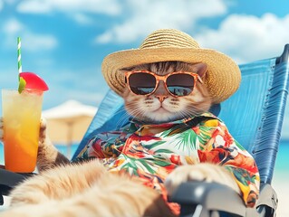 A cat wearing a colorful shirt sunglasses and a hat sitting on a chair at the beach