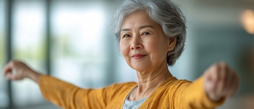 Elderly woman in casual clothing performing gentle stretching and flexibility exercises in a peaceful living room setting promoting healthy active lifestyle and improved mobility for seniors