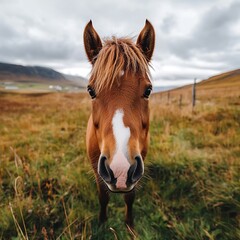 Obraz premium Beautiful Brown Horse in Frontal View in Natural Setting