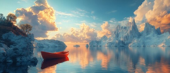 A lone kayak silently glides across the still waters of a glacial fjord surrounded by a majestic mountainscape bathed in the warm glow of the setting sun