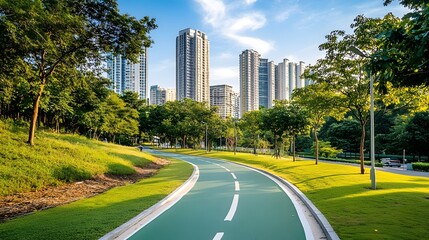 A freshly painted bike lane winding through a green park in an urban setting with tall buildings in the distance