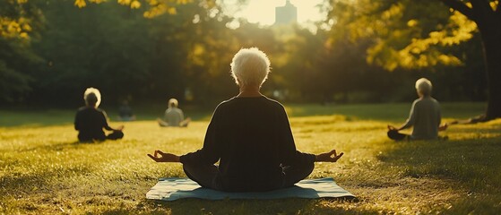 Serene elderly individuals practicing yoga in a tranquil park setting promoting balance wellness and a peaceful lifestyle  The image captures the harmony and tranquility of the moment