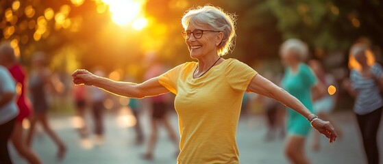 Vibrant and active elderly woman joyfully engaging in low impact outdoor yoga and fitness activities during the serene golden hour sunset