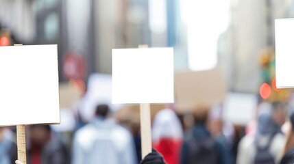 Group of people holding blank signs in peaceful protest, unified stance and determination, ample copy space for text or design.