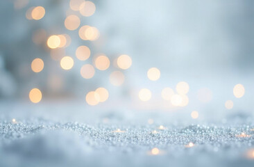 A white winter background with soft bokeh lights on a blurred backdrop..Snowy texture with glowing lights on a bright blue abstract background.