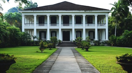 Grand white colonial mansion with lush green lawn, pathway, and tropical landscaping.