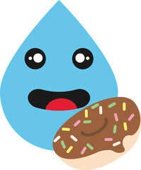 Blue water droplet character with a happy face holding a chocolate donut with colorful sprinkles.
