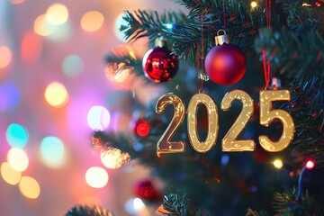 The golden figures 2025 made of candles on a black stone slate background are decorated with a festive decor of stars, sequins, fir branches, balls and garlands. Greeting card, happy New Year.
