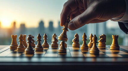Close-Up of a Hand Moving a Chess Piece on a Board with a City Skyline in the Background at Sunset, Symbolizing Strategic Thinking and Competition
