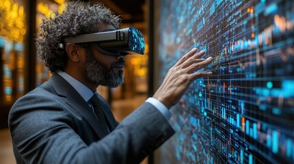 Businessman Engaging with Virtual Reality Technology Displaying Data Visualizations in Modern Environment for Innovative Research and Development Purposes