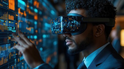 Immersive Virtual Reality Experience with a Business Professional Analyzing Data Trends Through Advanced VR Technology in a Modern Office Environment