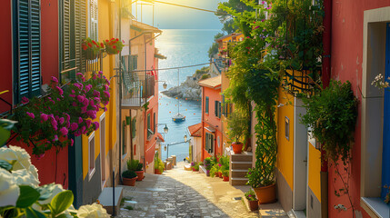 Serene Mediterranean Village with Colorful Houses, Lush Flowers, and Sunlit Pathway Leading to a Tranquil Seascape