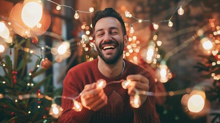 A man in a simple red sweater and jeans, holding a string of Christmas lights and laughing as he decorates his home.