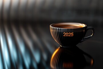 Fototapeta premium New Year 2025 Coffee Mug on Desk With Office Supplies Surrounded by Greenery 