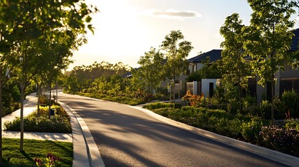 A quiet bike lane through a suburban area bordered by manicured gardens and low fences