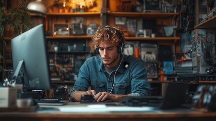 Fototapeta premium Young Man with Curly Hair Working in a Creative Studio, Wearing Headphones, Focusing on Digital Device, Surrounded by Artistic Decor and Unique Items