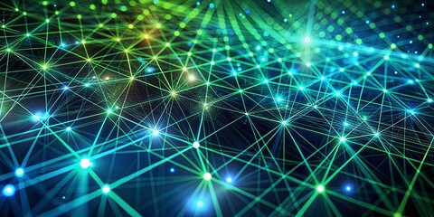 Obraz premium Abstract Blue and Green Digital Grid Network Design Showcasing Depth and Dimension for Modern Technology Backgrounds and Visuals