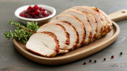 Grilled Turkey Breast, thick slices served with cranberry sauce in Thanksgiving-inspired dinning table