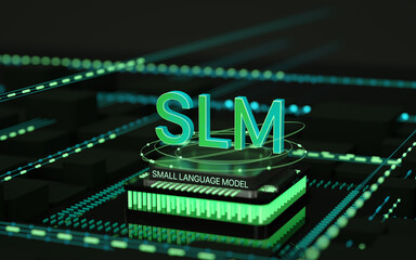 Ai computer data center. SLM, small language model with chipset concept. Generative AI, Narrow AI...