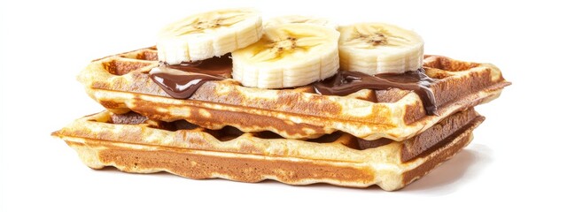 A stack of fluffy Belgian waffles with Nutella and sliced bananas, isolated white background, pop...