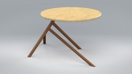 Round Wooden table. Isolated. White background. 3d render. Interior Minimal design