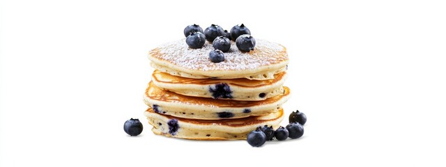 A stack of fluffy blueberry pancakes with powdered sugar, isolated white background, retro art style