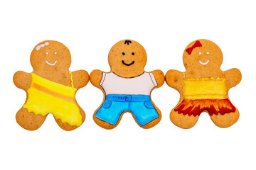 Top view group of children boy and girl, family of gingerbread men isolated on white background. Ginger cookies. Food concept. Family day.