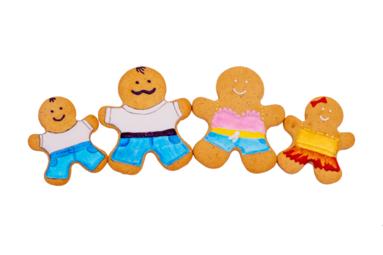 Top view of a family of gingerbread men isolated. Ginger cookies. Food concept. Family day.