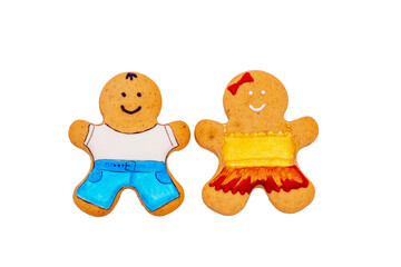 Top view group of children boy and girl, family of gingerbread men isolated on white background. Ginger cookies. Food concept. Family day.