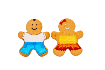 Top view group of children boy and girl, family of gingerbread men isolated on white background. Ginger cookies. Food concept. Family day.