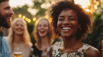Obraz premium A young woman with curly hair is laughing with friends at an outdoor gathering.