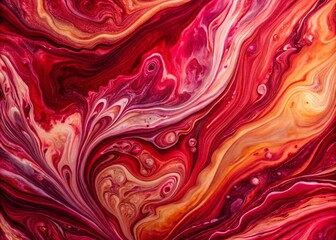Obraz premium Abstract Fluid Art Background in Red and Pink Colors Featuring Liquid Marble and Wavy Patterns, Perfect for Modern Food Photography and Creative Culinary Presentations
