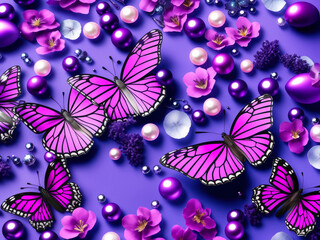 Bright composition with pink butterflies and purple flowers on a dark purple background. Various decorative elements, pearls and beads create a festive picture.