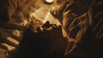 Person lying in bed with half-closed eyes, surrounded by dim light and shadows, symbolizing irregular sleep patterns and lack of restful sleep.