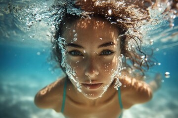 Underwater exploration showcases a young woman swimming gracefully in clear blue water
