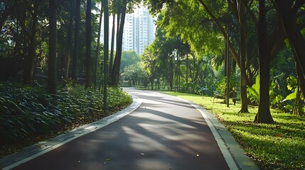 A well-maintained bike path running along the edge of a dense urban forest