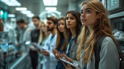Obraz premium Group of Medical Students Observing a Hospital Environment, Engaged in Learning with Expressions of Curiosity and Interest in a Clinical Setting