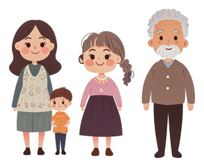 Family gathering illustration with four characters, cut out - stock png.