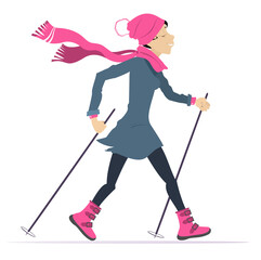 Cold weather. Happy woman doing Nordic walk.
Rainy and windy day. Cheerful young woman doing Nordic walk outdoors. Isolated on white background
